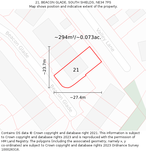 21, BEACON GLADE, SOUTH SHIELDS, NE34 7PS: Plot and title map