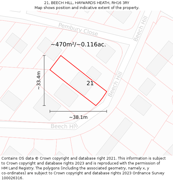 21, BEECH HILL, HAYWARDS HEATH, RH16 3RY: Plot and title map