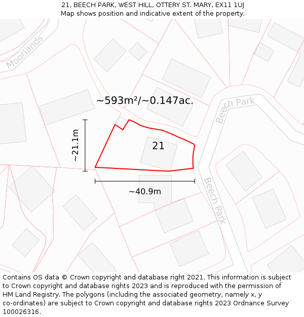 21, BEECH PARK, WEST HILL, OTTERY ST. MARY, EX11 1UJ: Plot and title map