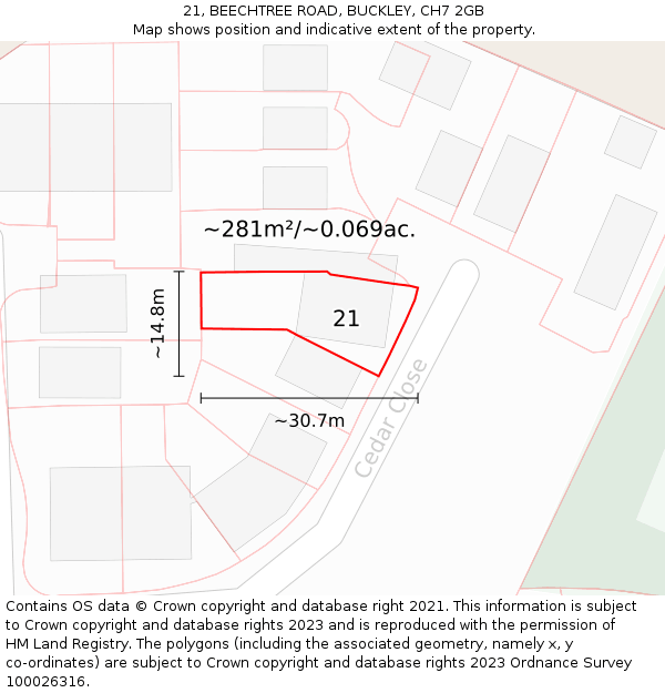 21, BEECHTREE ROAD, BUCKLEY, CH7 2GB: Plot and title map