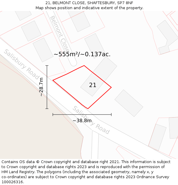 21, BELMONT CLOSE, SHAFTESBURY, SP7 8NF: Plot and title map