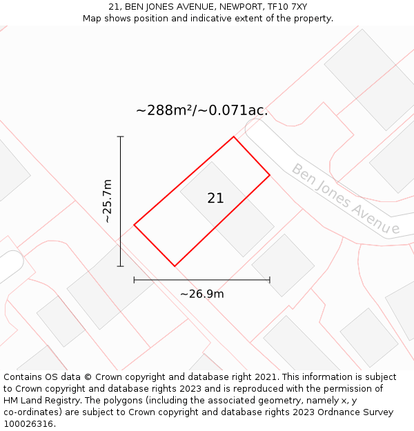 21, BEN JONES AVENUE, NEWPORT, TF10 7XY: Plot and title map