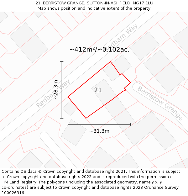 21, BERRISTOW GRANGE, SUTTON-IN-ASHFIELD, NG17 1LU: Plot and title map