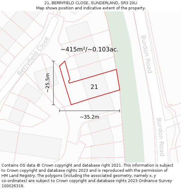 21, BERRYFIELD CLOSE, SUNDERLAND, SR3 2XU: Plot and title map