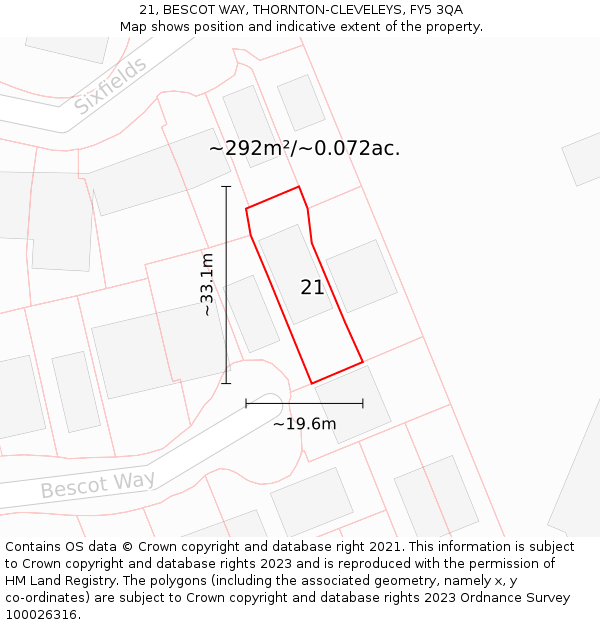 21, BESCOT WAY, THORNTON-CLEVELEYS, FY5 3QA: Plot and title map