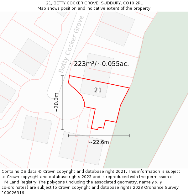 21, BETTY COCKER GROVE, SUDBURY, CO10 2PL: Plot and title map