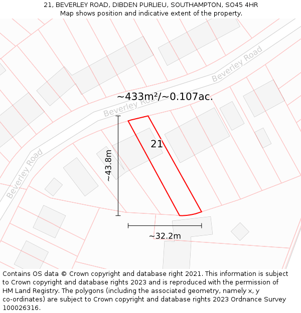 21, BEVERLEY ROAD, DIBDEN PURLIEU, SOUTHAMPTON, SO45 4HR: Plot and title map