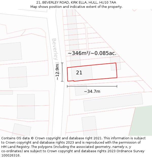 21, BEVERLEY ROAD, KIRK ELLA, HULL, HU10 7AA: Plot and title map