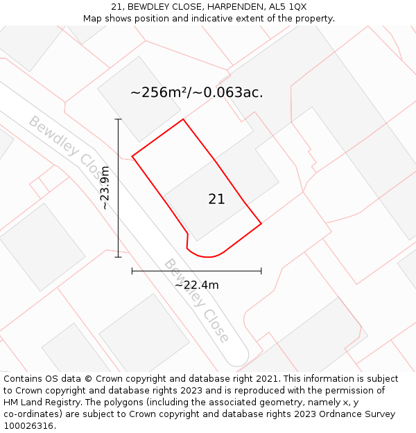 21, BEWDLEY CLOSE, HARPENDEN, AL5 1QX: Plot and title map