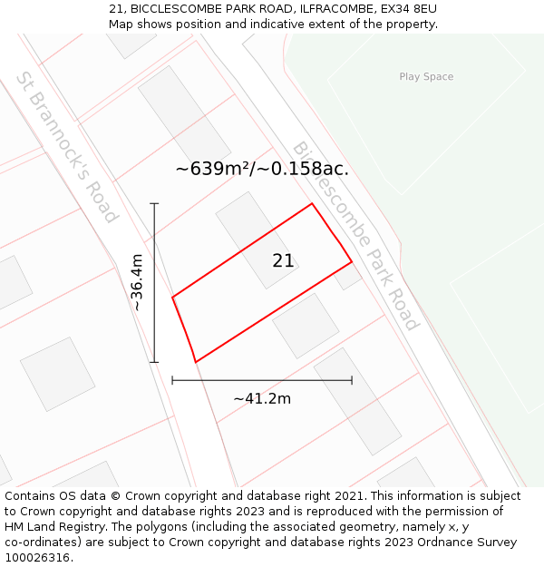 21, BICCLESCOMBE PARK ROAD, ILFRACOMBE, EX34 8EU: Plot and title map