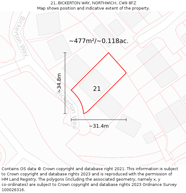 21, BICKERTON WAY, NORTHWICH, CW9 8FZ: Plot and title map