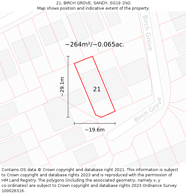 21, BIRCH GROVE, SANDY, SG19 1NG: Plot and title map