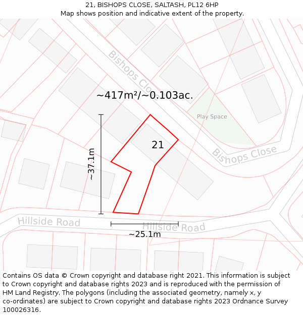 21, BISHOPS CLOSE, SALTASH, PL12 6HP: Plot and title map