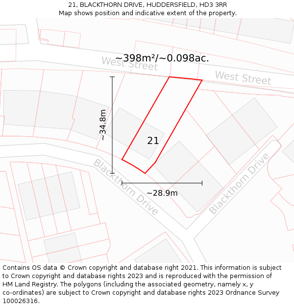 21, BLACKTHORN DRIVE, HUDDERSFIELD, HD3 3RR: Plot and title map