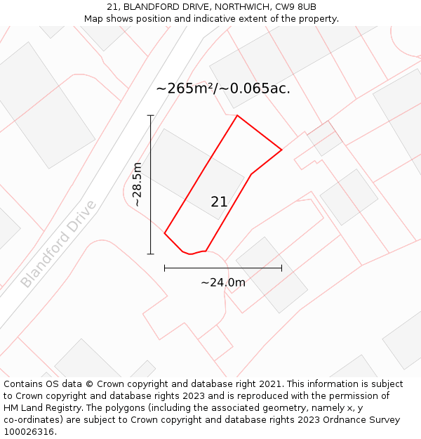 21, BLANDFORD DRIVE, NORTHWICH, CW9 8UB: Plot and title map