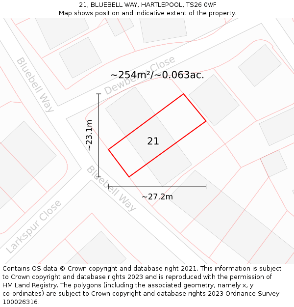 21, BLUEBELL WAY, HARTLEPOOL, TS26 0WF: Plot and title map