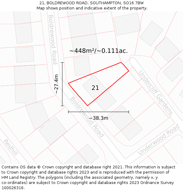 21, BOLDREWOOD ROAD, SOUTHAMPTON, SO16 7BW: Plot and title map