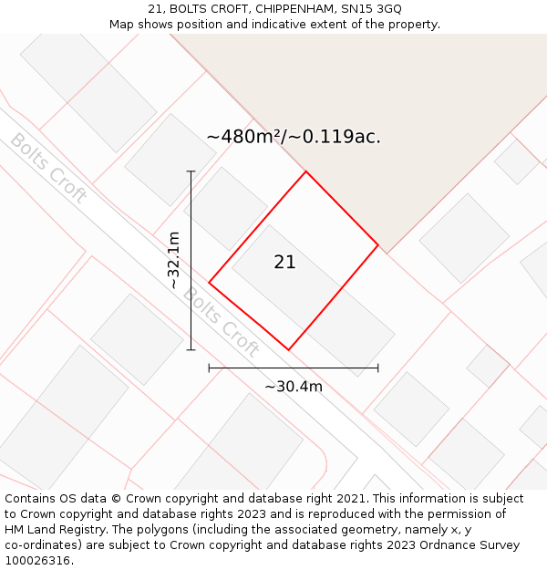 21, BOLTS CROFT, CHIPPENHAM, SN15 3GQ: Plot and title map