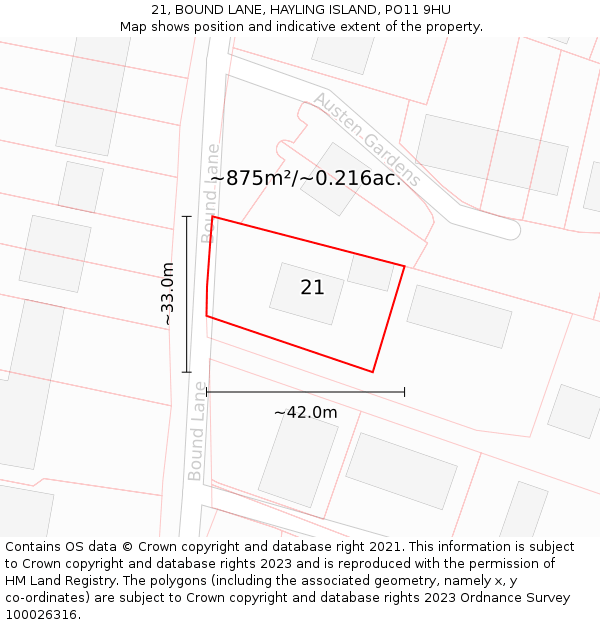 21, BOUND LANE, HAYLING ISLAND, PO11 9HU: Plot and title map