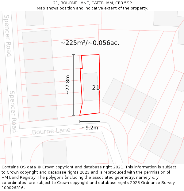 21, BOURNE LANE, CATERHAM, CR3 5SP: Plot and title map