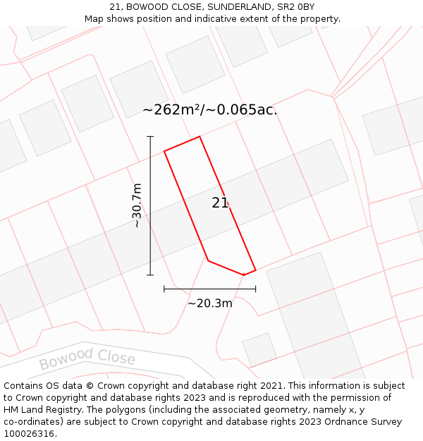 21, BOWOOD CLOSE, SUNDERLAND, SR2 0BY: Plot and title map