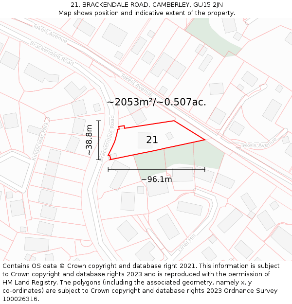 21, BRACKENDALE ROAD, CAMBERLEY, GU15 2JN: Plot and title map