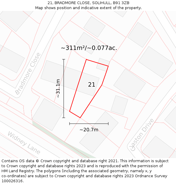 21, BRADMORE CLOSE, SOLIHULL, B91 3ZB: Plot and title map