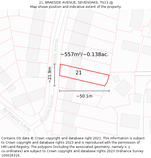 21, BRAESIDE AVENUE, SEVENOAKS, TN13 2JJ: Plot and title map