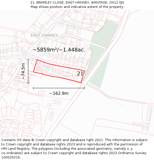 21, BRAMLEY CLOSE, EAST HANNEY, WANTAGE, OX12 0JX: Plot and title map