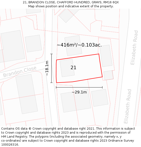 21, BRANDON CLOSE, CHAFFORD HUNDRED, GRAYS, RM16 6QX: Plot and title map