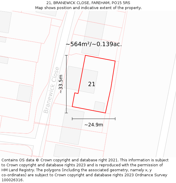 21, BRANEWICK CLOSE, FAREHAM, PO15 5RS: Plot and title map