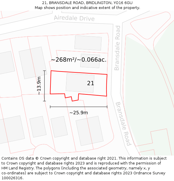 21, BRANSDALE ROAD, BRIDLINGTON, YO16 6GU: Plot and title map