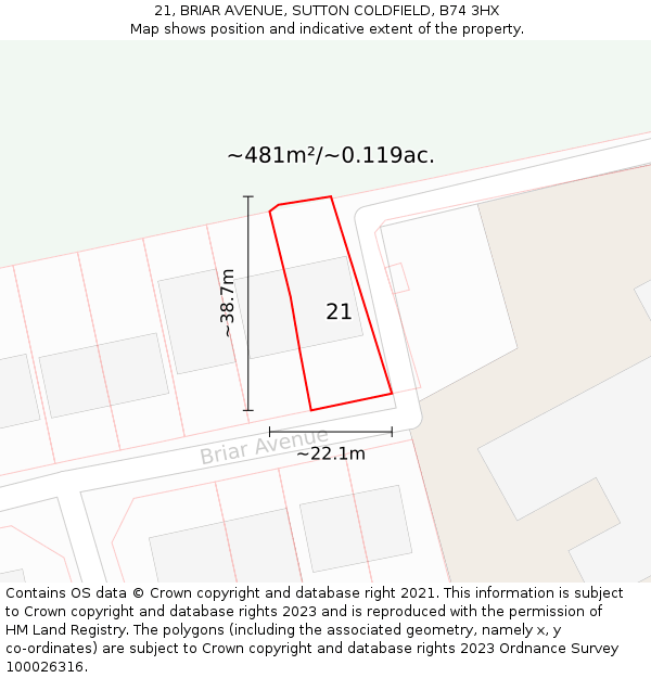 21, BRIAR AVENUE, SUTTON COLDFIELD, B74 3HX: Plot and title map