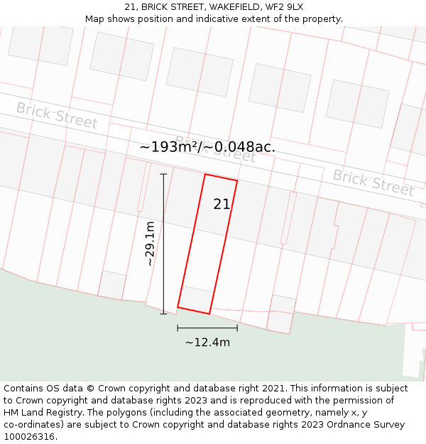 21, BRICK STREET, WAKEFIELD, WF2 9LX: Plot and title map