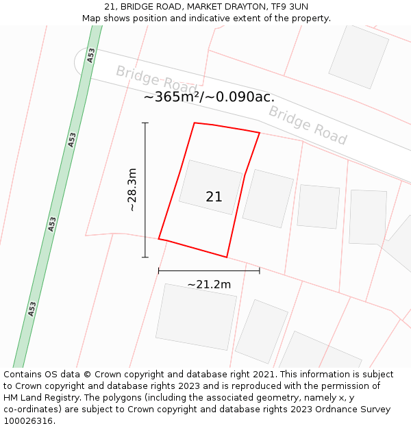 21, BRIDGE ROAD, MARKET DRAYTON, TF9 3UN: Plot and title map