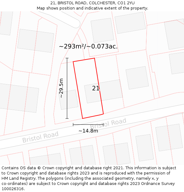 21, BRISTOL ROAD, COLCHESTER, CO1 2YU: Plot and title map