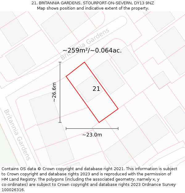 21, BRITANNIA GARDENS, STOURPORT-ON-SEVERN, DY13 9NZ: Plot and title map