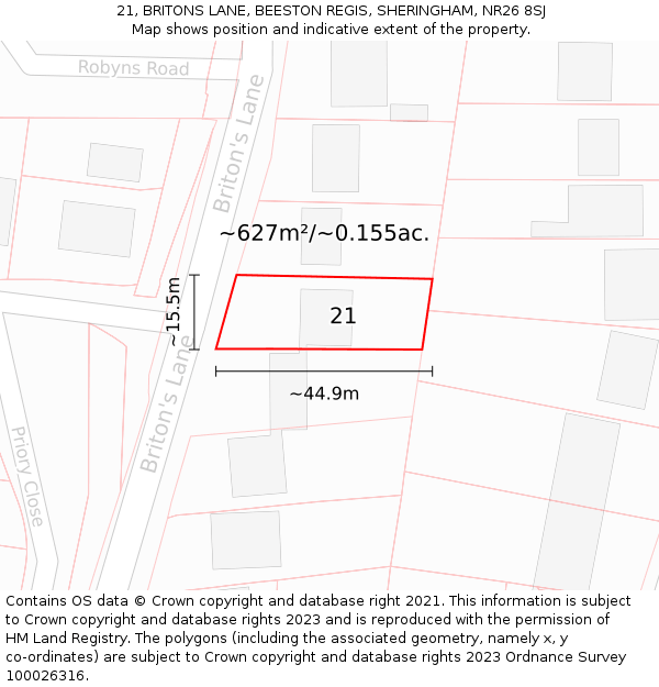 21, BRITONS LANE, BEESTON REGIS, SHERINGHAM, NR26 8SJ: Plot and title map