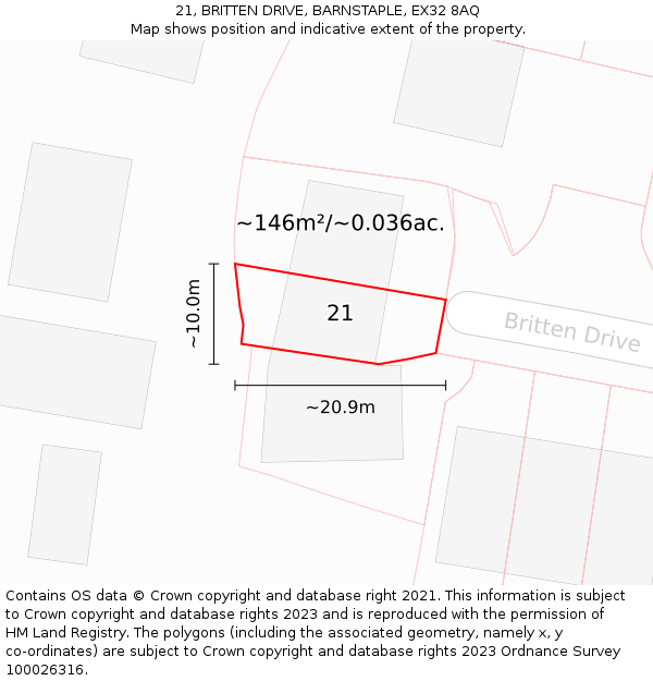 21, BRITTEN DRIVE, BARNSTAPLE, EX32 8AQ: Plot and title map