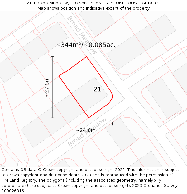 21, BROAD MEADOW, LEONARD STANLEY, STONEHOUSE, GL10 3PG: Plot and title map