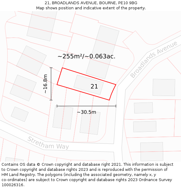 21, BROADLANDS AVENUE, BOURNE, PE10 9BG: Plot and title map