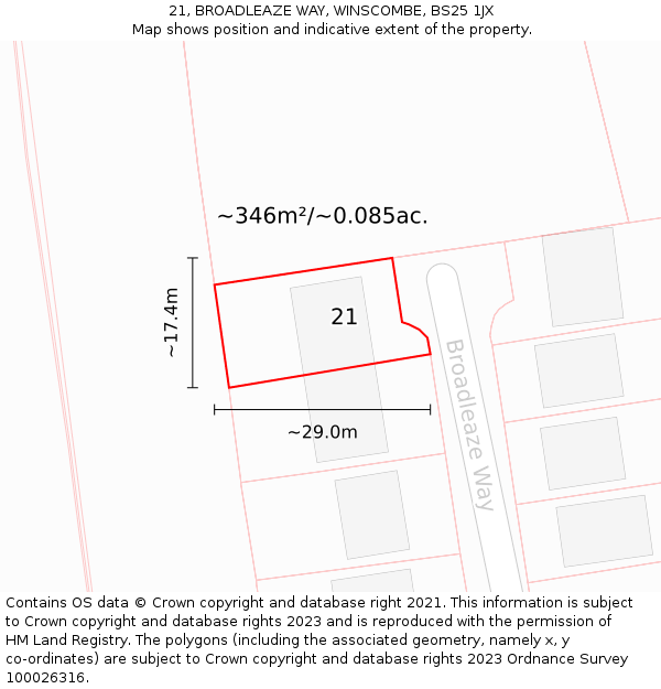 21, BROADLEAZE WAY, WINSCOMBE, BS25 1JX: Plot and title map