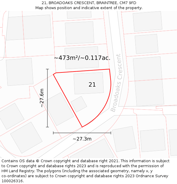 21, BROADOAKS CRESCENT, BRAINTREE, CM7 9FD: Plot and title map