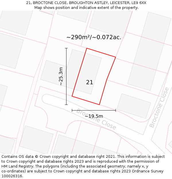 21, BROCTONE CLOSE, BROUGHTON ASTLEY, LEICESTER, LE9 6XX: Plot and title map