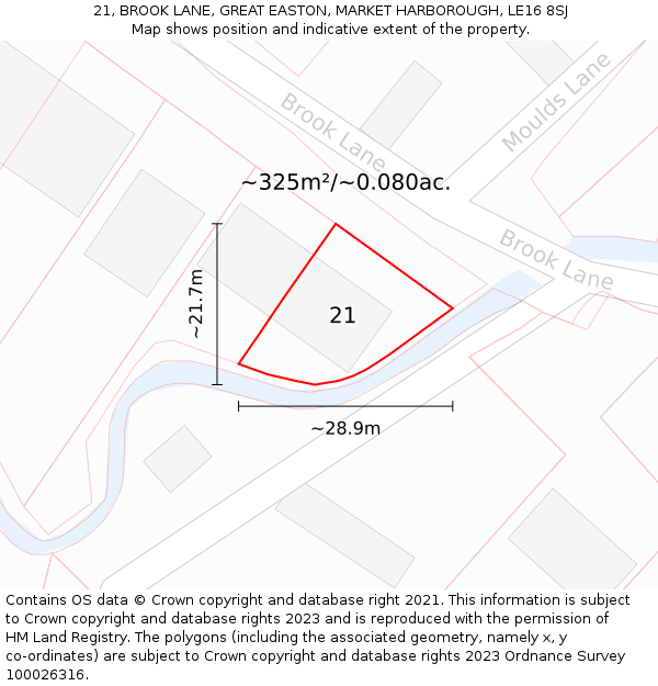 21, BROOK LANE, GREAT EASTON, MARKET HARBOROUGH, LE16 8SJ: Plot and title map