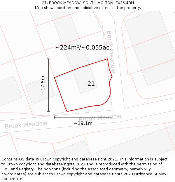 21, BROOK MEADOW, SOUTH MOLTON, EX36 4BN: Plot and title map