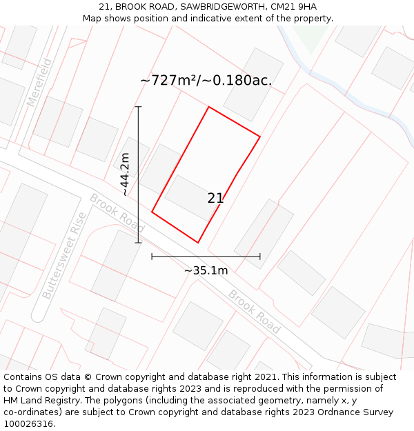 21, BROOK ROAD, SAWBRIDGEWORTH, CM21 9HA: Plot and title map