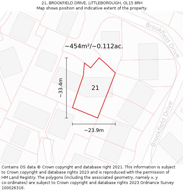 21, BROOKFIELD DRIVE, LITTLEBOROUGH, OL15 8RH: Plot and title map