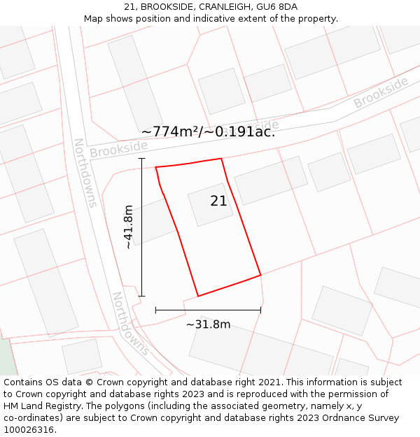 21, BROOKSIDE, CRANLEIGH, GU6 8DA: Plot and title map