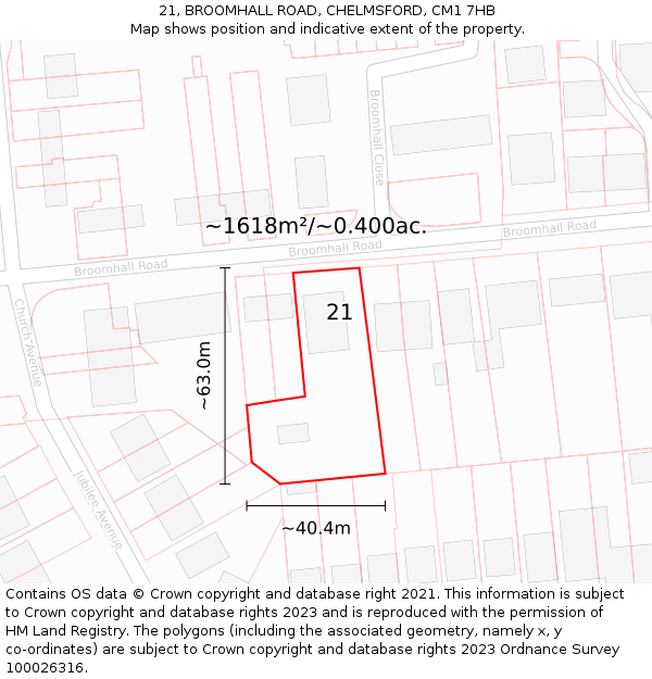 21, BROOMHALL ROAD, CHELMSFORD, CM1 7HB: Plot and title map